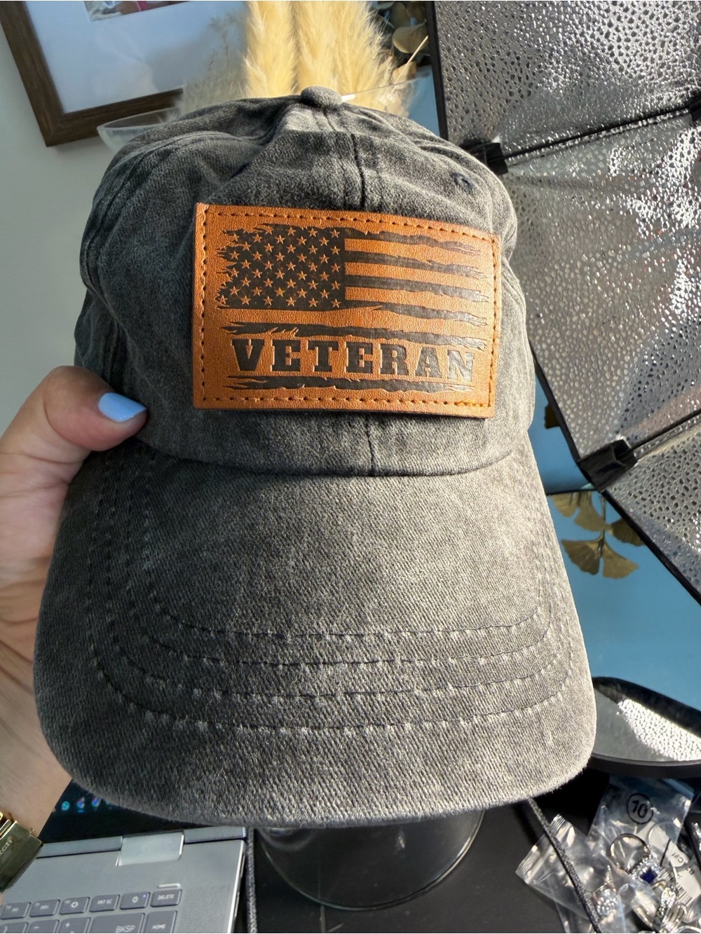 NWT Gray Veteran Baseball Cap with Leather Patch, Adjustable size